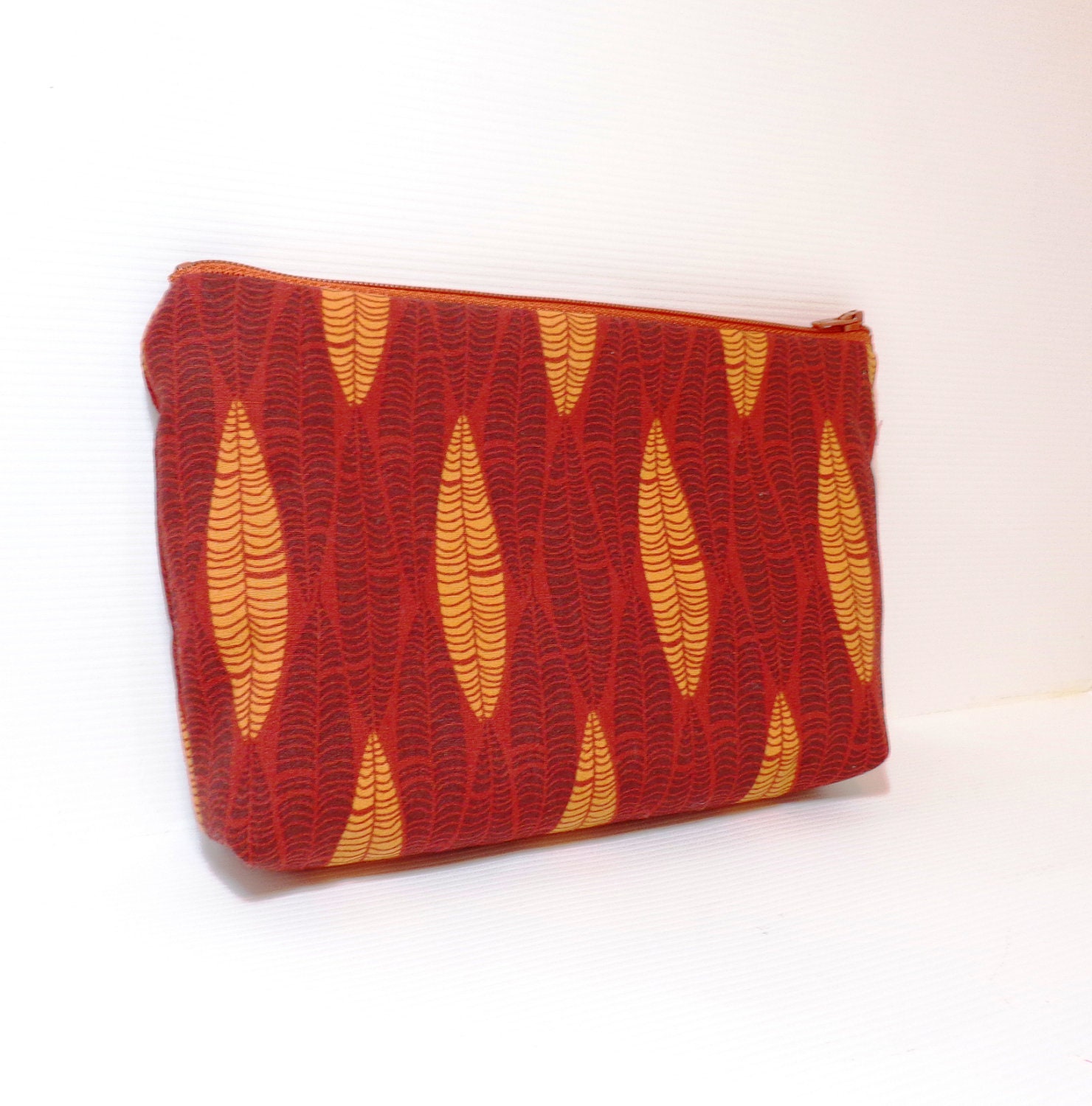 Medium Zipper Pouch Cosmetic Pouch Pencil Case Tribal Pattern in Pumpkin and Brown