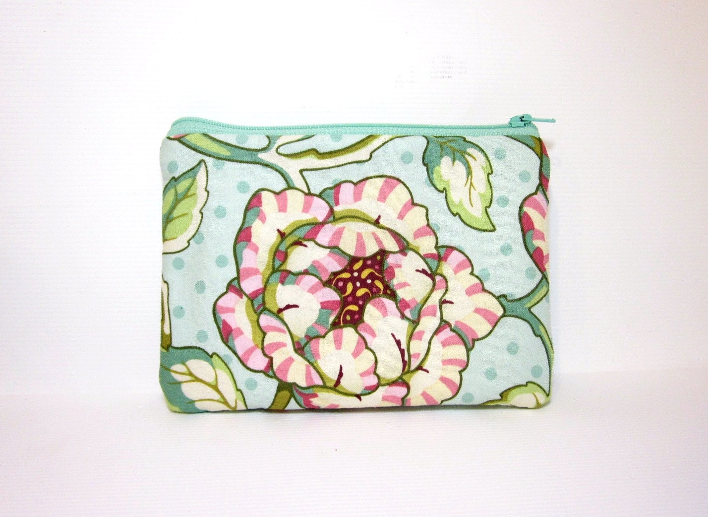 Small Cotton Zipper Pouch Mint Floral Print