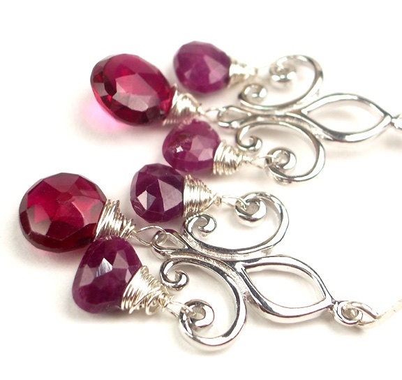 Ruby Jewelry Ruby Chandelier Earrings Fleur de Lis Sterling Silver Wire Wrapped Gemstone July Birthstone Birthday Gift