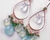 Sea Foam Aqua Chalcedony Earrings Hoop Chandelier Tsavorite Wire Wrapped 14kt Gold Fill  Earrings Handmade - Anna