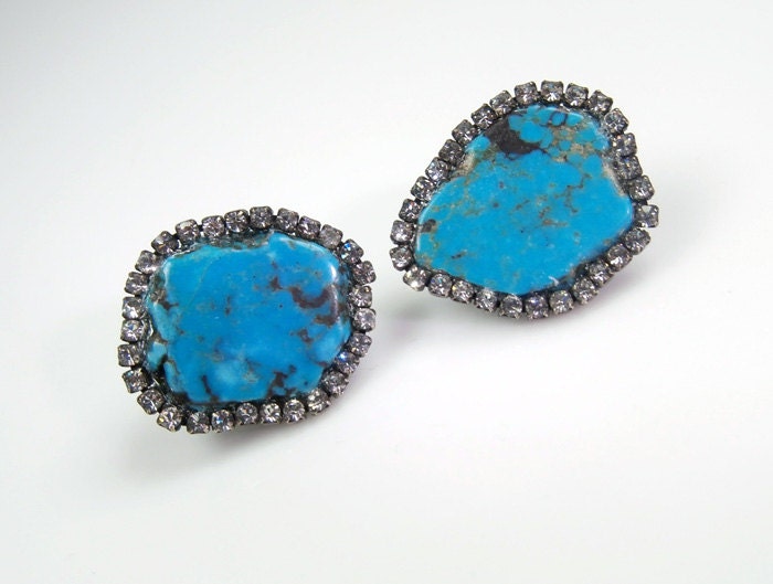 Turquoise Earrings Gemstone Diamond Bezel Style Earrings Slice Swarovski Crystal Statement Post or Clip On Earrings - Chat Noire