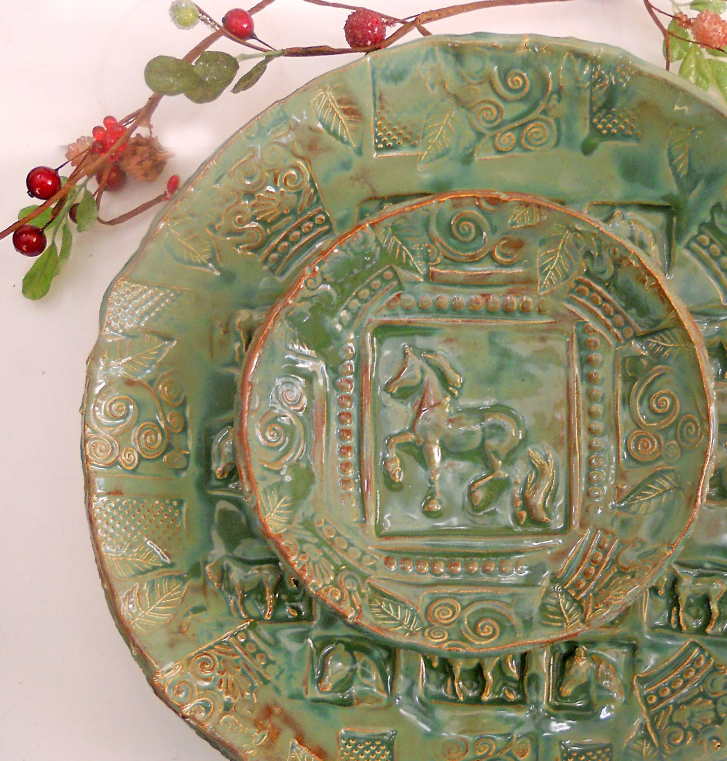 Ceramic Serving Bowls Nesting Horse Equestrian Emerald Green 12" 7" with feet Mothers day gift