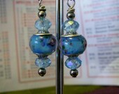 Blue Pink Rose Lampwork Euro Bead Earrings