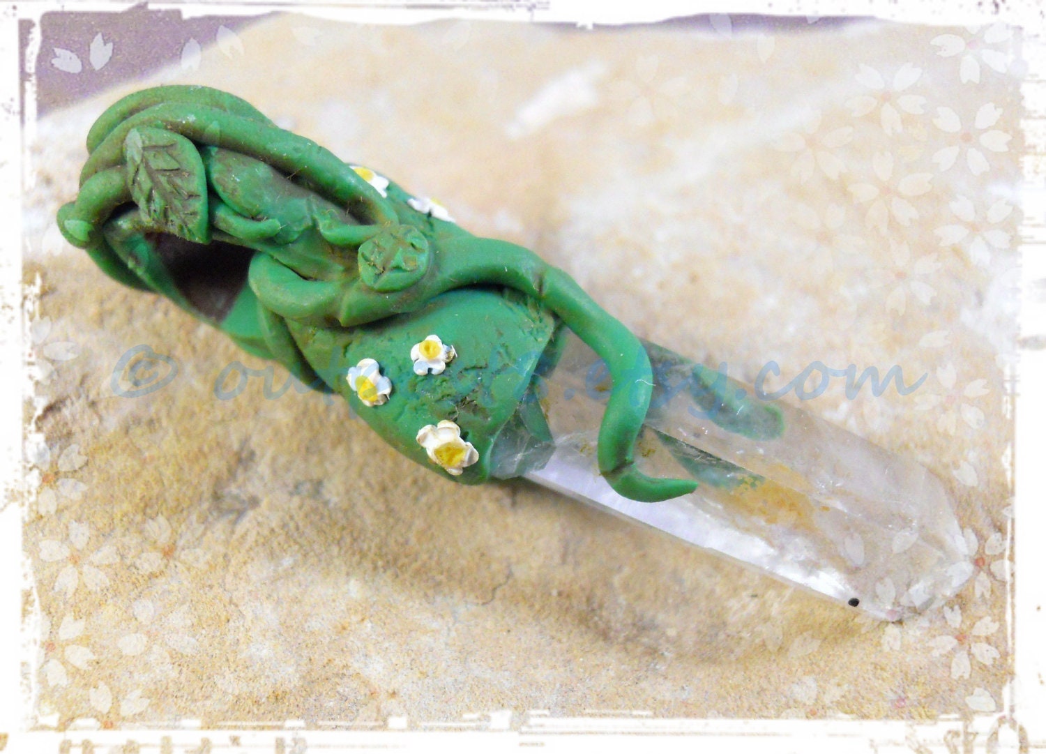 Quartz crystal point and polymer clay necklace. Overgrowth. Free US shipping.