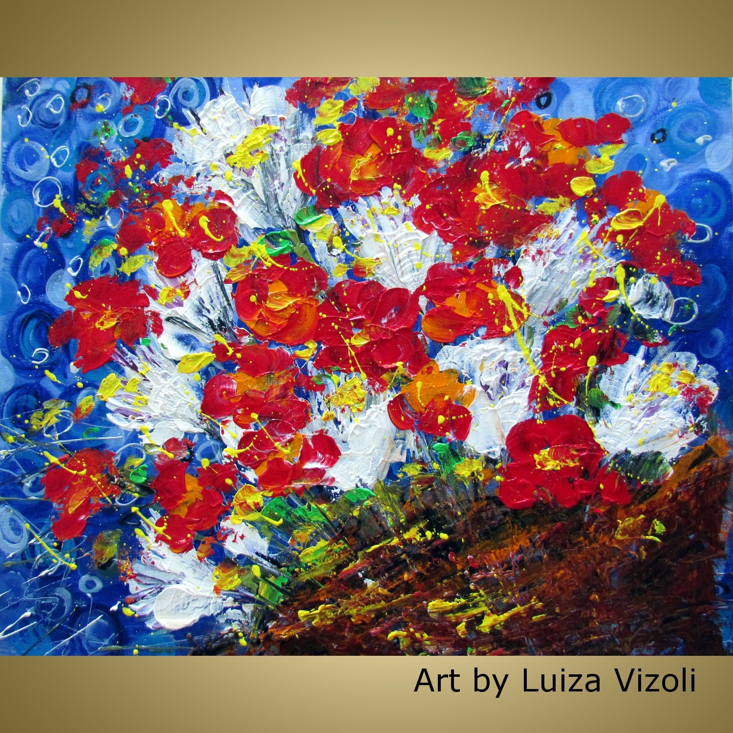 Original Impasto Oil Painting RED WHITE FLOWERS Basket by Luiza Vizoli 20x16