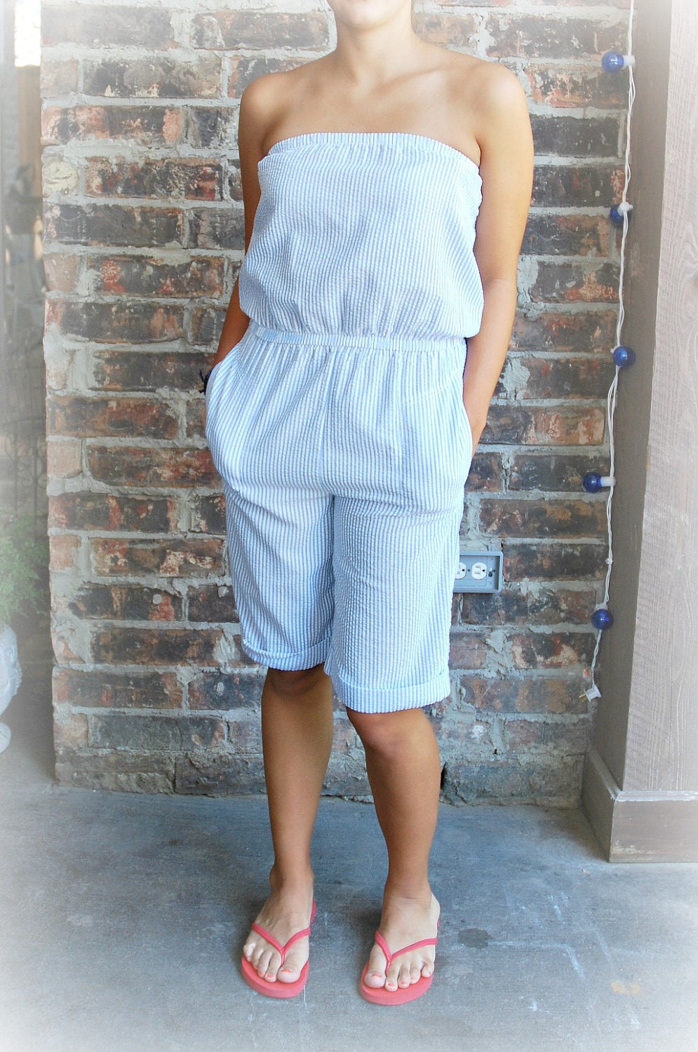 Vintage Seersucker Strapless Romper - Knee Length Shorts