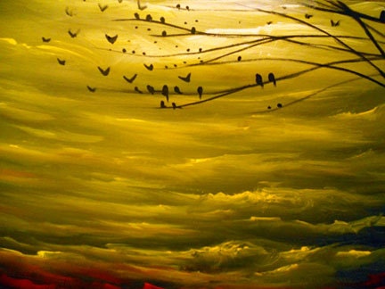 ORIGINAL large abstract painting tree landscape bird rainbow cloud 48 x 24