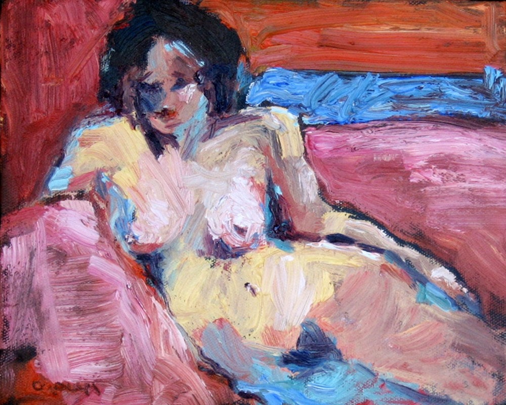 Nude Woman Figure on Pink Sofa Original Oil Painting 10 x 8