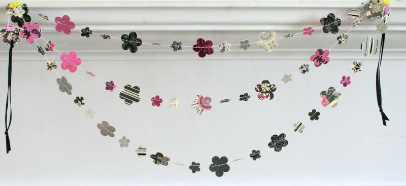 Party Garland - Flower Power - Fuchsia Black Ivory Foil Embossed - Party Wedding Decoration Home Decor Photo Prop