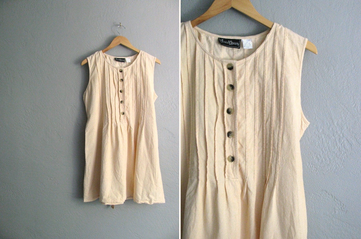 vintage '90s light PEACH CORDUROY PINTUCK sleeveless mini dress. size l xl 1x.