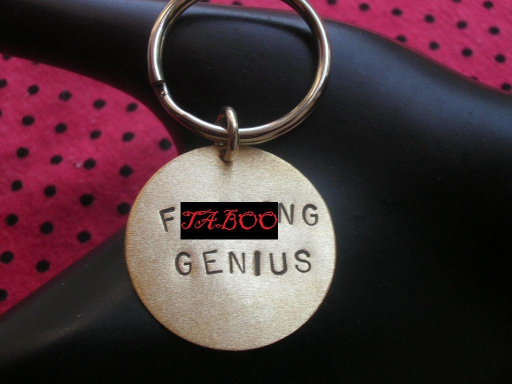 F .CKING GENIUS Keychain--Stamped Disc Keychain, Brass Key Ring, Womens Keychain, Mens Keychain, Unisex, MATURE, Fuck Keychain, Metal Taboo
