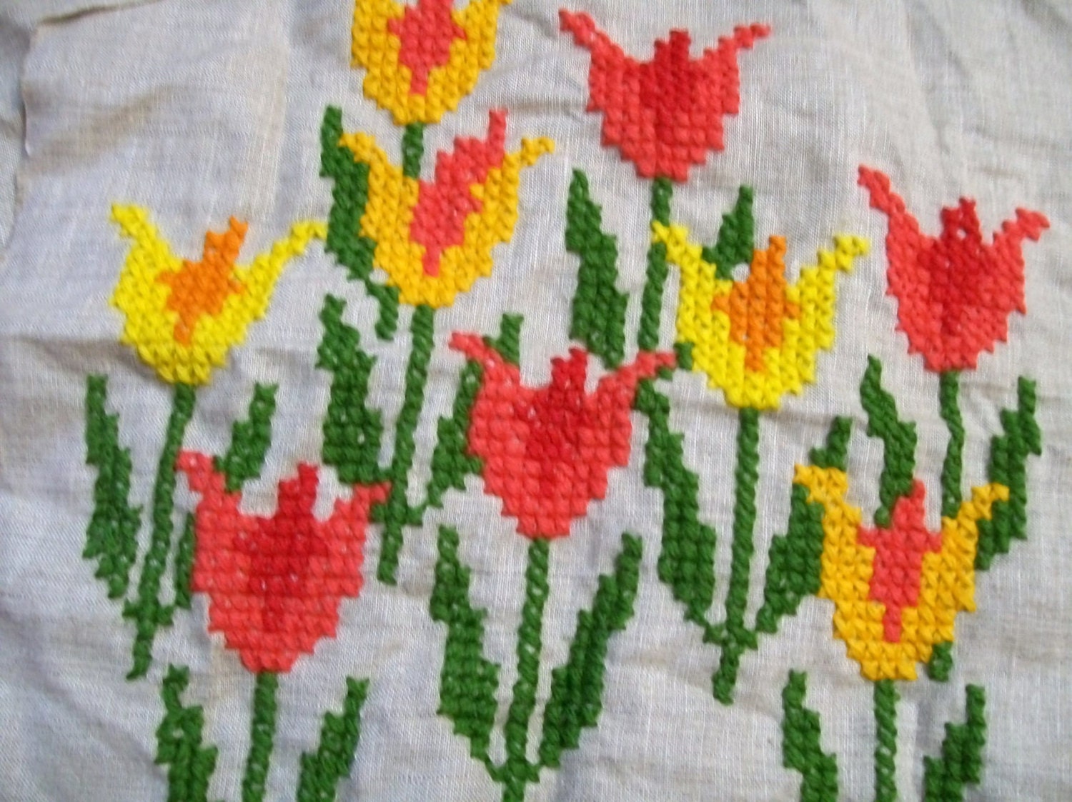 Vintage Floral Crewel Embroidery, Tulip Pillow Cover, Needlework, Yellow & Orange Flowers