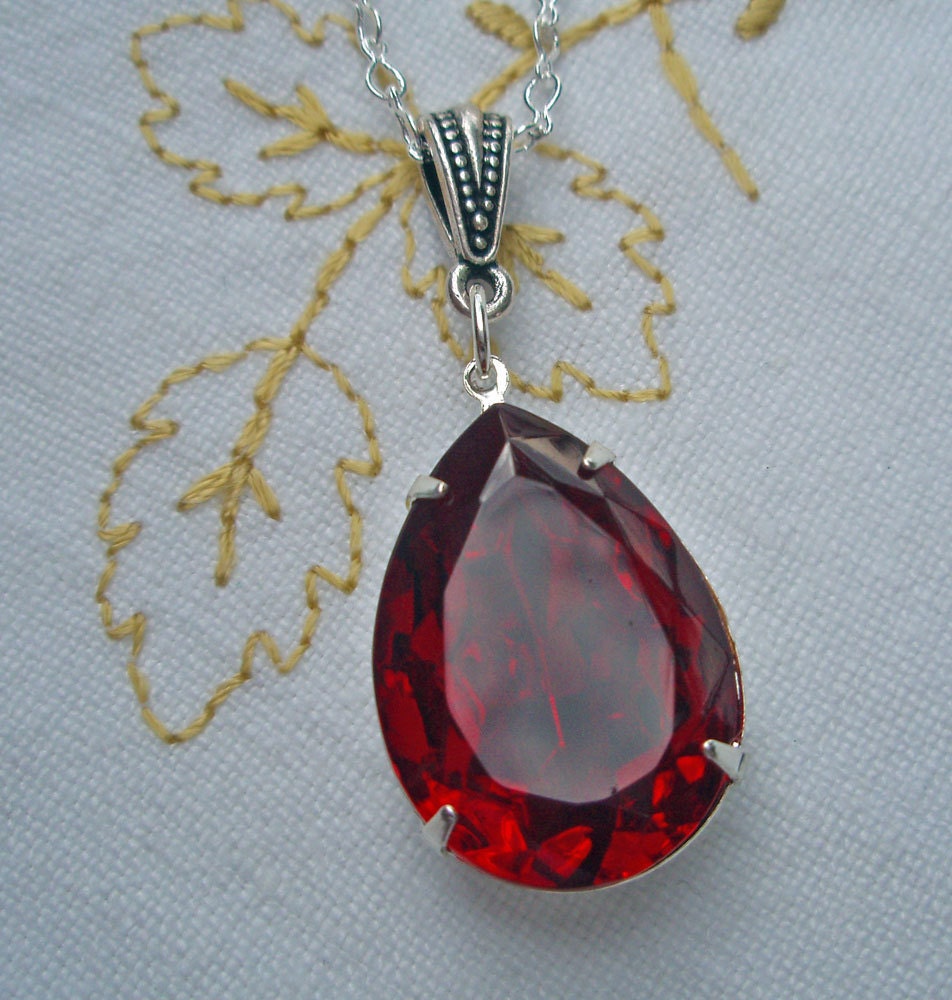 Ruby Red Necklace Art Deco Silver Vintage Rhinestone Estate Style Large Pendant  RUBY  New