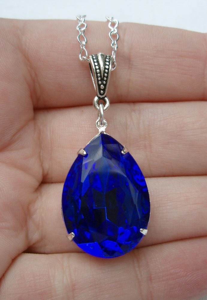 Sapphire Blue Necklace Art Deco Silver September Birthstone Vintage Rhinestone Estate Style Large Pendant  SAPPHIRE  New