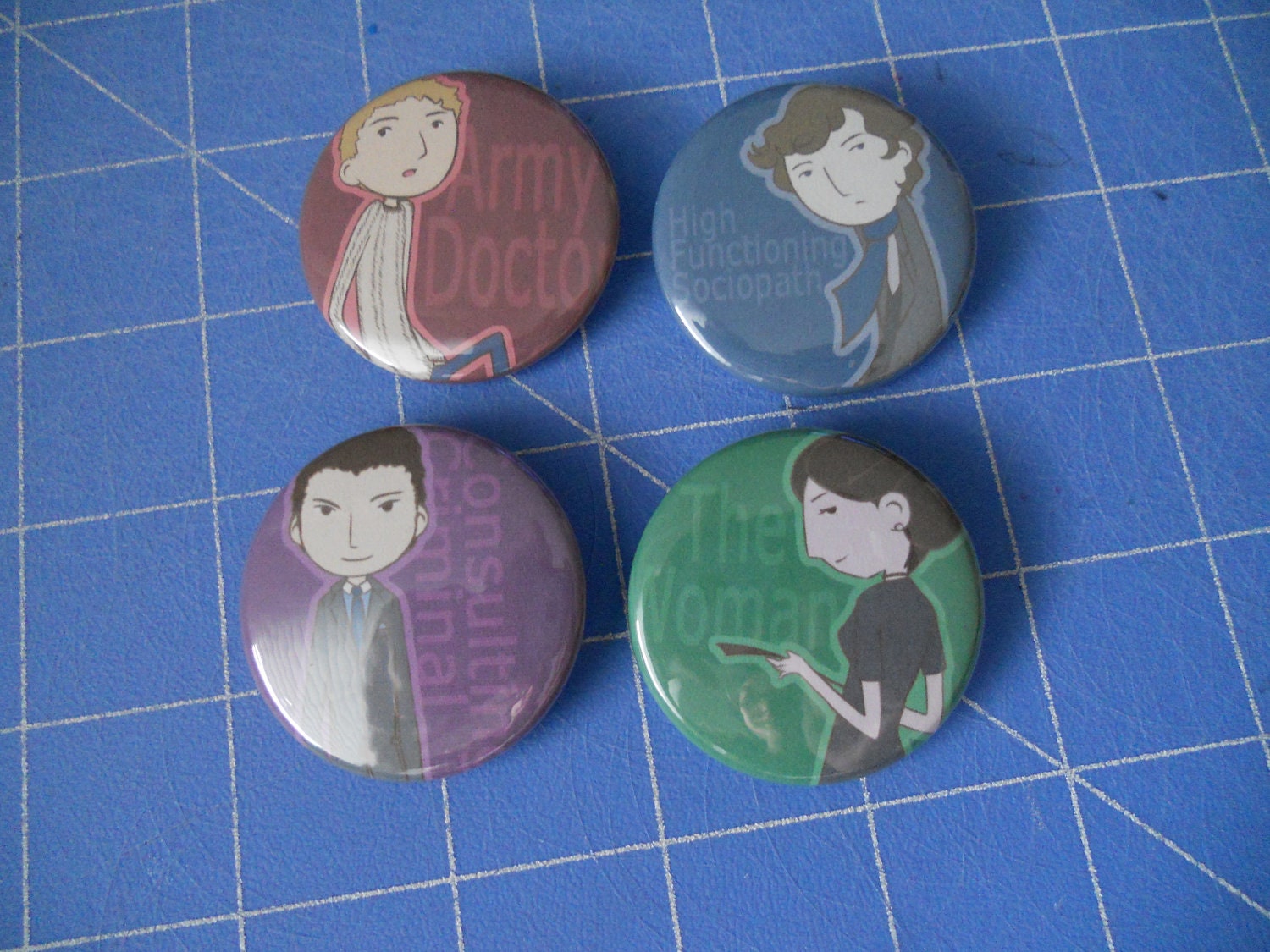 The Army Doctor, The Sociopath, The Consulting Criminal, and The Woman - Set of 4 Art Buttons
