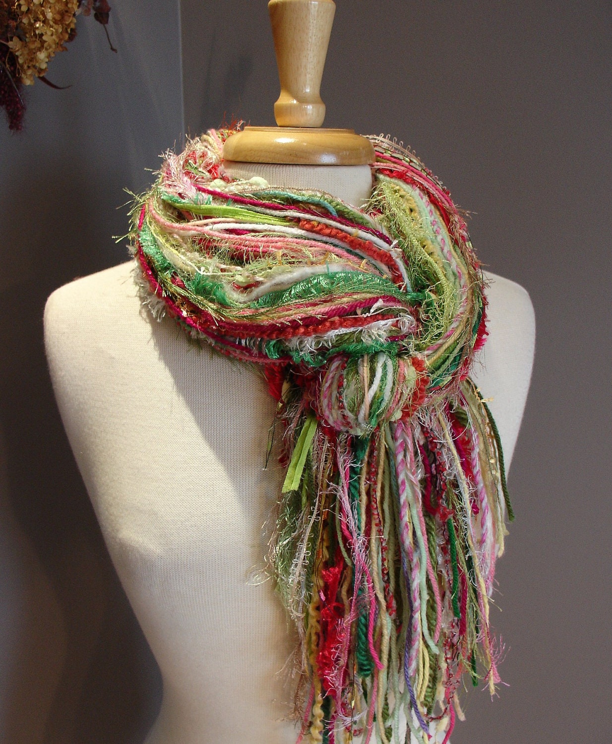 Fringie in Springtime - Multi-texture hand tied scarf / photo prop in pink, green, lime, yellow