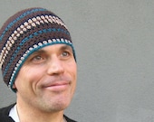 crochet mens beanie/ chocolate blues
