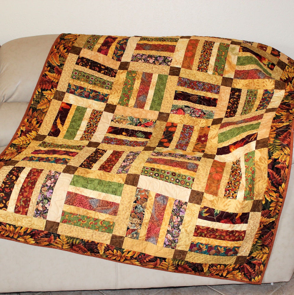 Autumn Leaves Lap Quilt or Sofa Throw in Brown, Rust and Green
