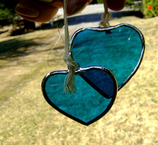 Hearts Stained Glass Twins Suncatchers ORANGE BLUE Easter Mothers Day Valentines Christmas Gifts Wedding Favors I Love You