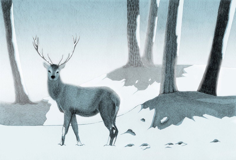Winter Stag - A beautifu Stag in the woods Home Decor - Print 8 x 11.5