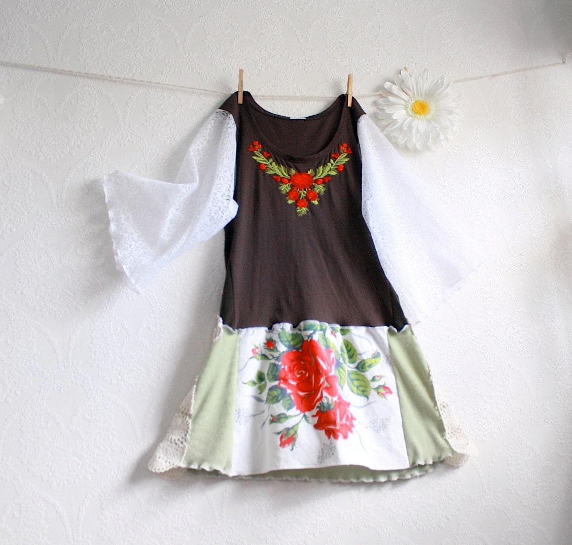 Brown Peasant Top Bohemian Clothing Recycled Shirt White Lace Bell Sleeves Upcycled Clothing Women's Tunic Red Roses Small Medium 'NADINE'