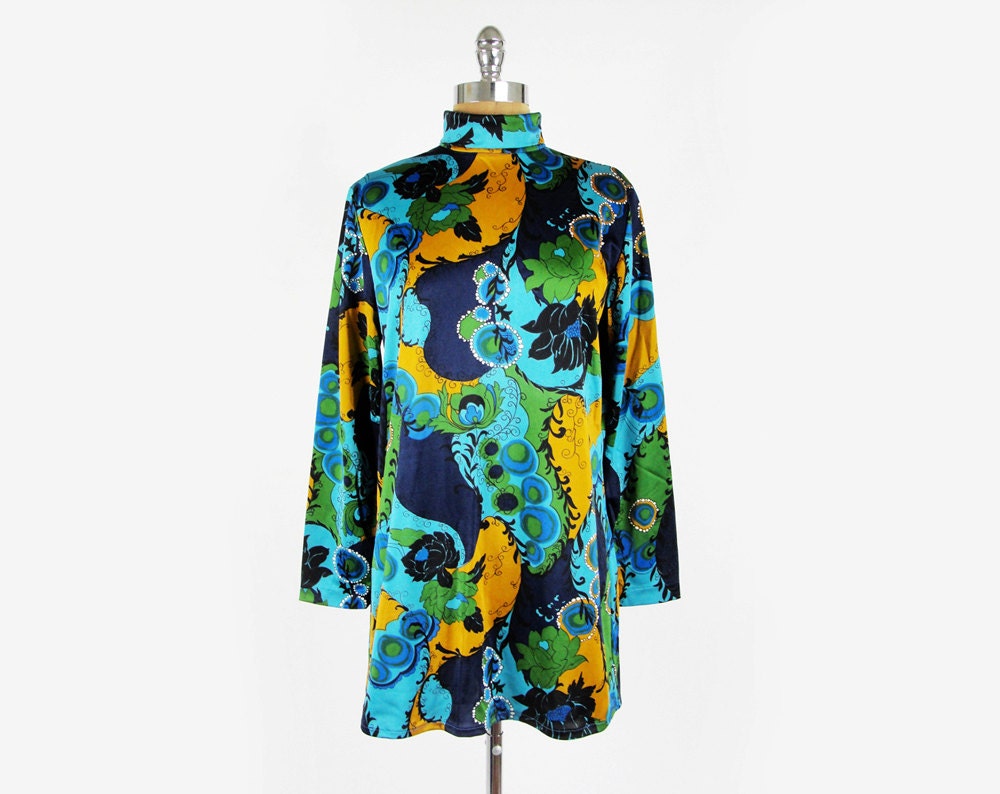 vtg 60s 70s MOD hippie blue bold PSYCHEDELIC op art PAISLEY print mock neck shift mini dress S M L
