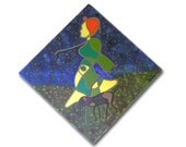 Abstract Woman painting 30x30 fine art modern oil on canvas Cobalt blue Olive green line swirls dog colorful home decor