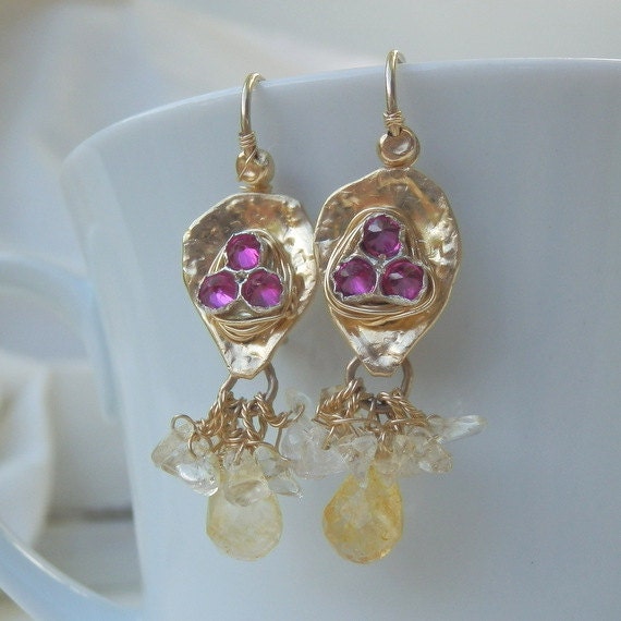 Handmade Protection Earrings with Bezel Set Cubic Zircona and Citrine Gemstone