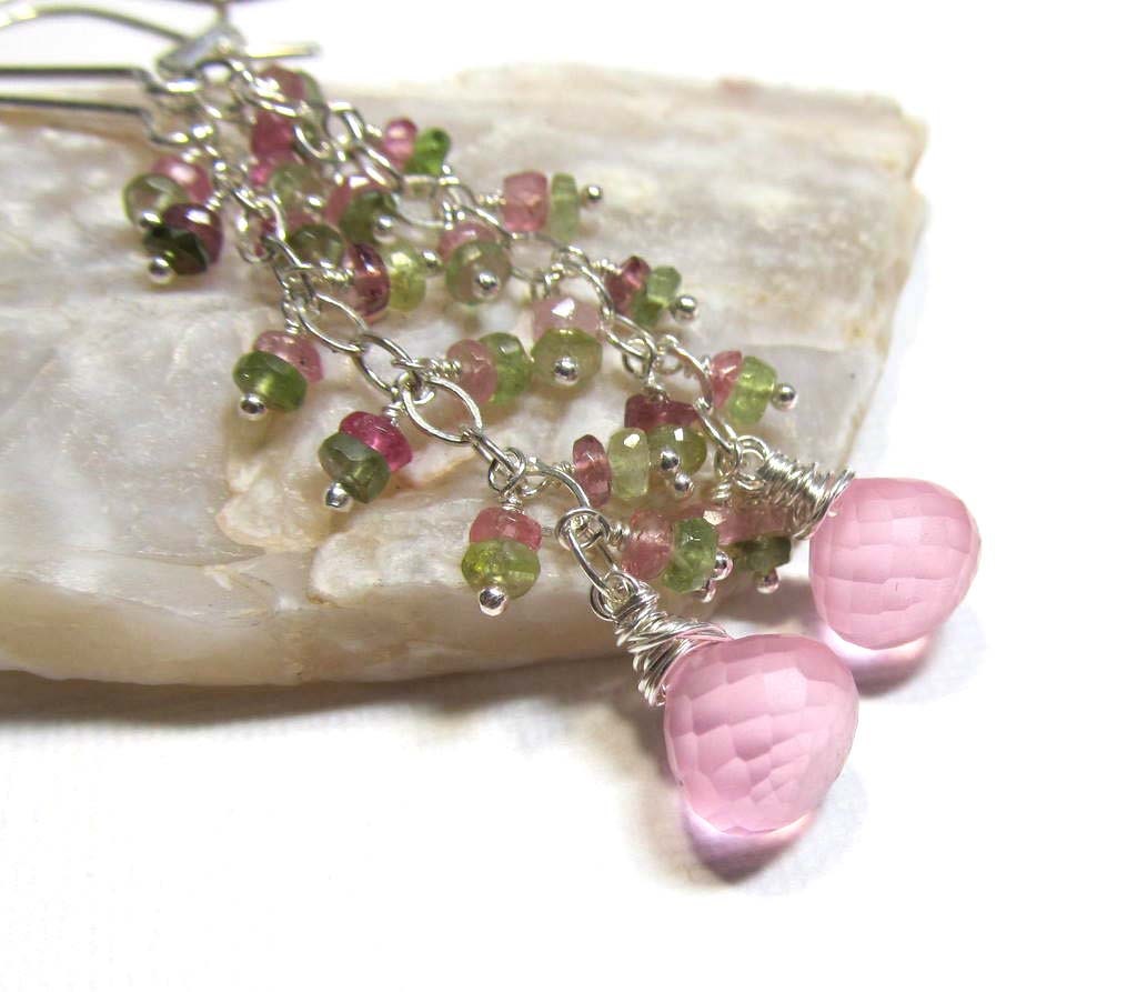 Sterling Silver Gemstone Dangle Cluster Earrings with Frosted Pink Rose Quartz and Pink and Green Watermelon Tourmaline