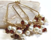14k Gold Filled Gemstone Dangle Cluster Earrings with Pyrope Red Garnet and Creamy White Freshwater Pearl