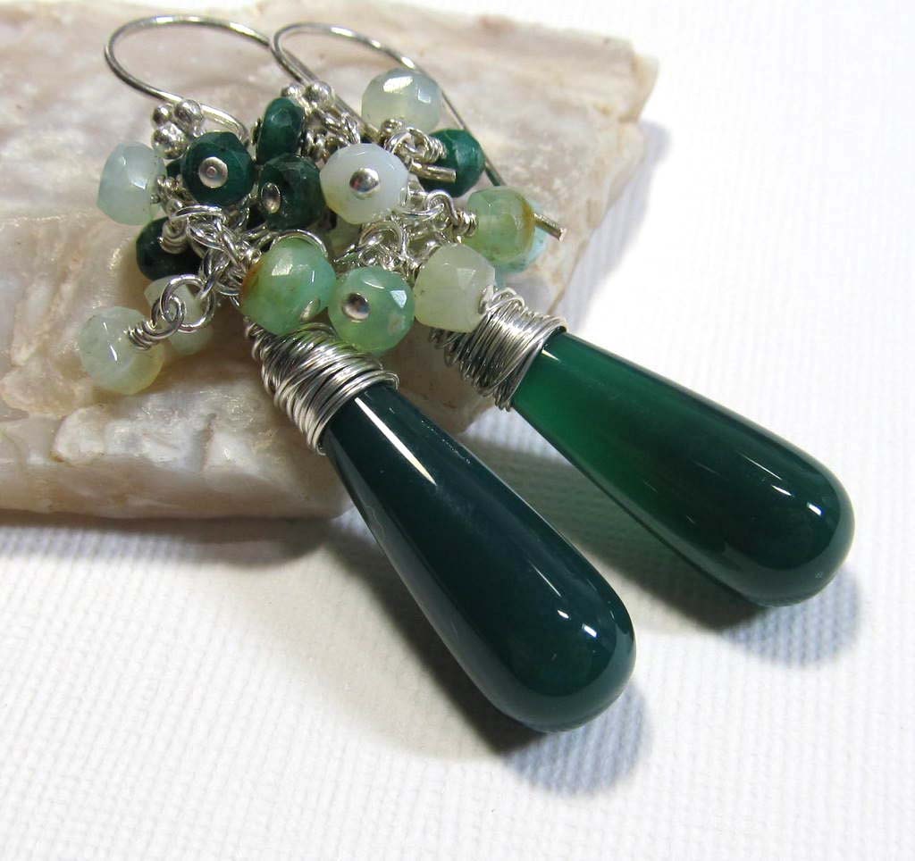 Sterling Silver Gemstone Dangle Cluster Earrings with Dark Green Chalcedony, Emerald, and Peruvian Blue-Green Opal