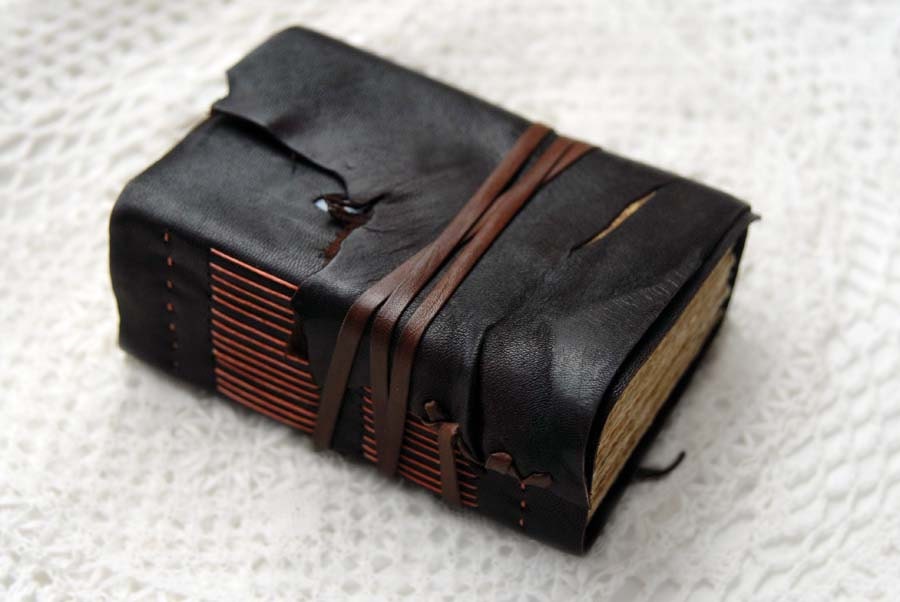 The Seeker - Thick Dark Brown Leather Travel Journal with Aged Paper, Fabric Patches & Vintage French Stamps