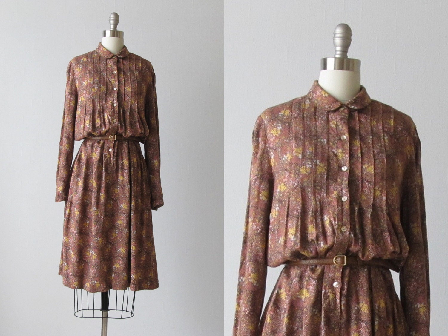 Vintage 1980s Dress / Secretary Dress / Shirtwaist Dress with Peterpan Collar  / Ditsy Print