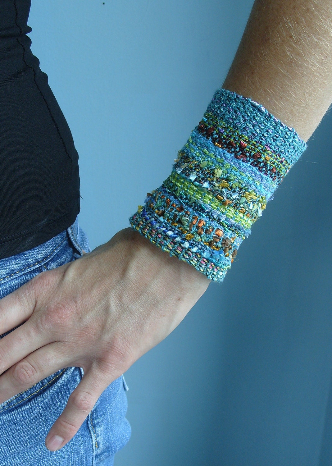 Handwoven Cuff Fabric Bracelet, Sea Breeze