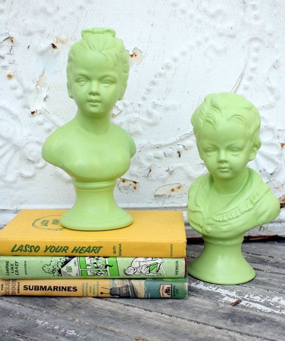Vintage Green Napco Ware Boy and Girl Busts Brady Bunch Chic