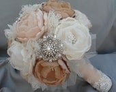 Large vintage fabric bouquet - coral shades, ivory, tan and champagne loaded with crystals and brooches