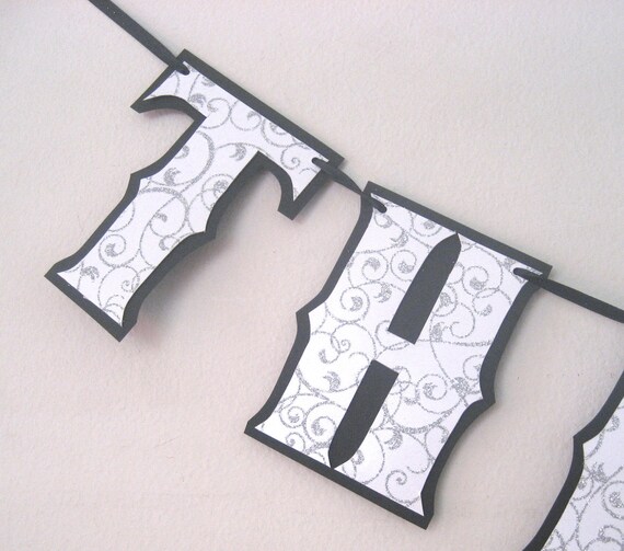 THANK YOU Banner - Wedding Photo Prop - Custom Colors Black and White Silver Damask Glitter Il_570xn