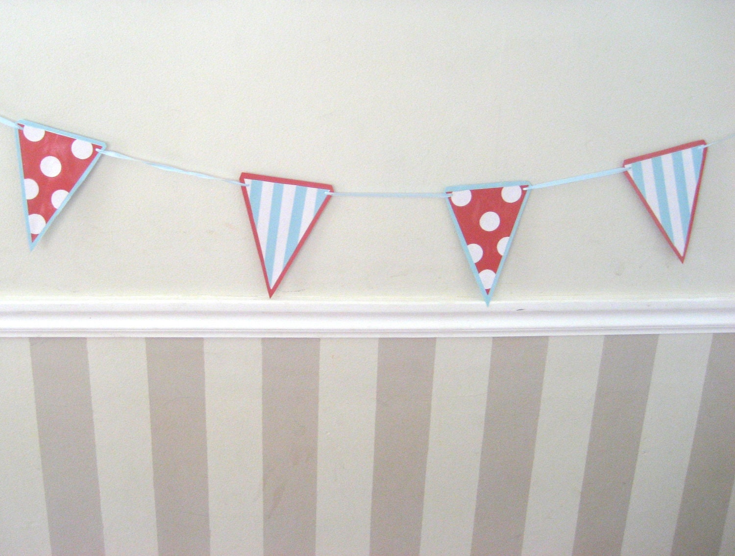 Pennant Garland Red White and Baby Blue Stripes and Polka Dots