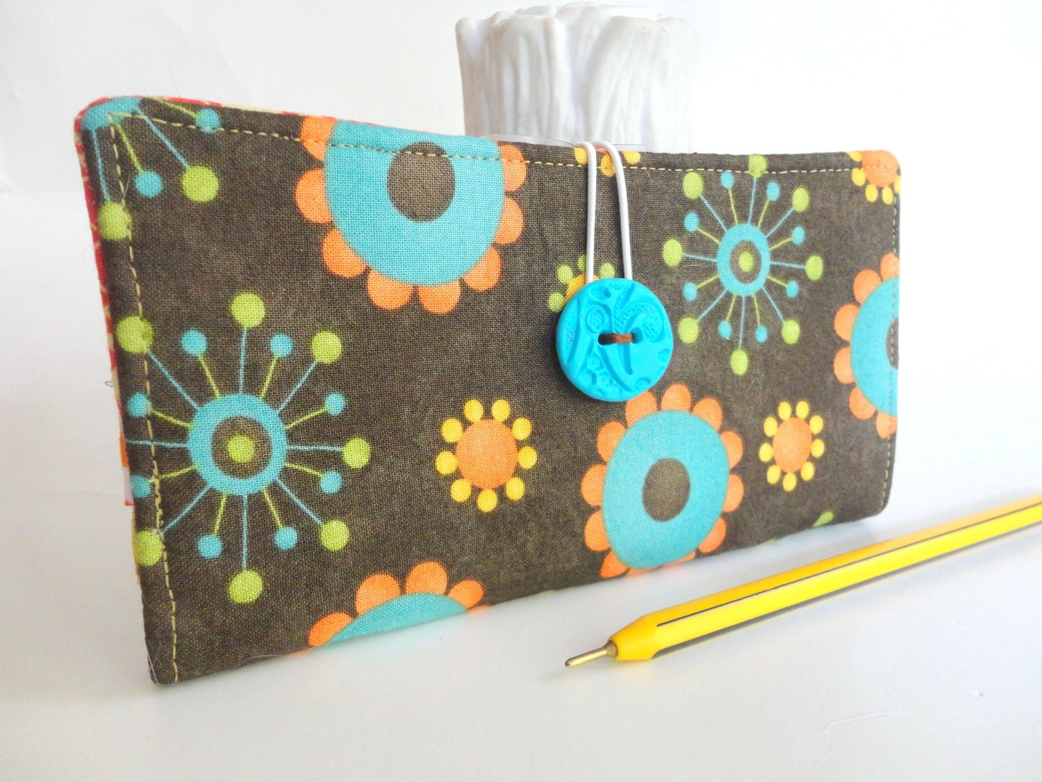 Handmade CHECKBOOK COVER - Dark Chocolate Brown Aqua Orange Fabric Wallet - Mid Century Modern