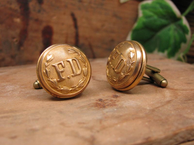 Button Jewelry - Authentic Fireman Uniform FD Coat Button Cuff Links - Antique Brass - Remembering 9/11