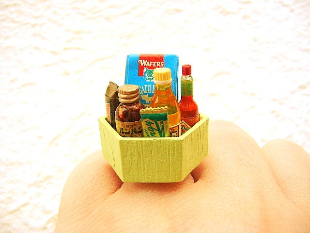 Kawaii Ring College Kids Care Basket  Miniature Food Jewelry