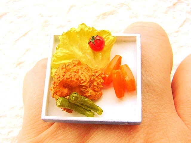 Food Ring Vegetables Fried Squid  Miniature Food Jewelry