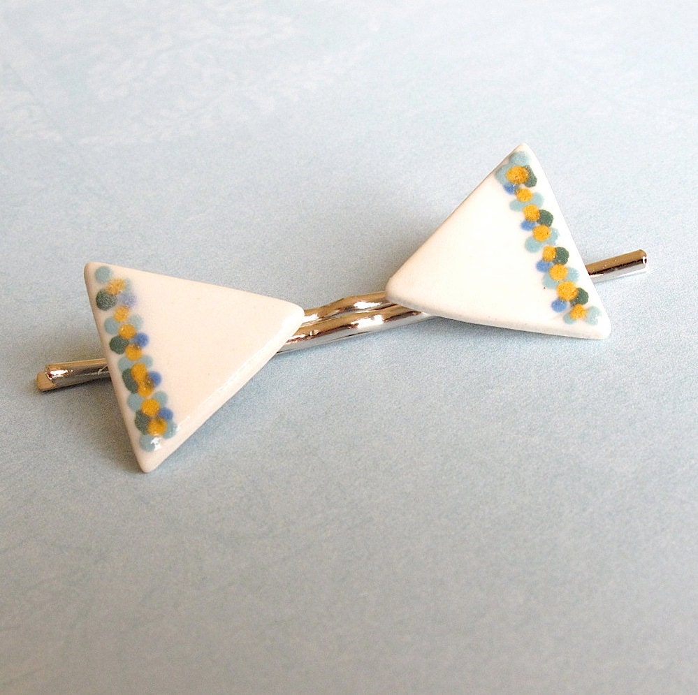 Polka Dot Hair Pins. Denim Blue, Cornflower & Marigold Yellow on White Porcelain Triangles.  Set of 2 Bobby Pins