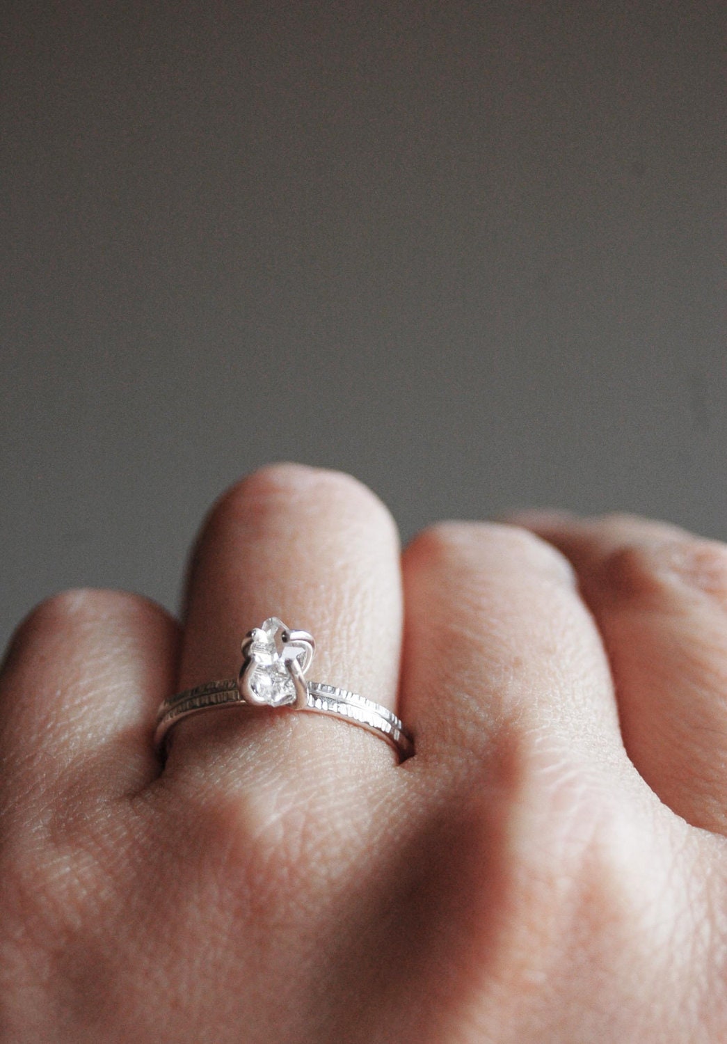 Wedding and Engagement ring set with a Herkimer Diamond and hand forged  sterling silver
