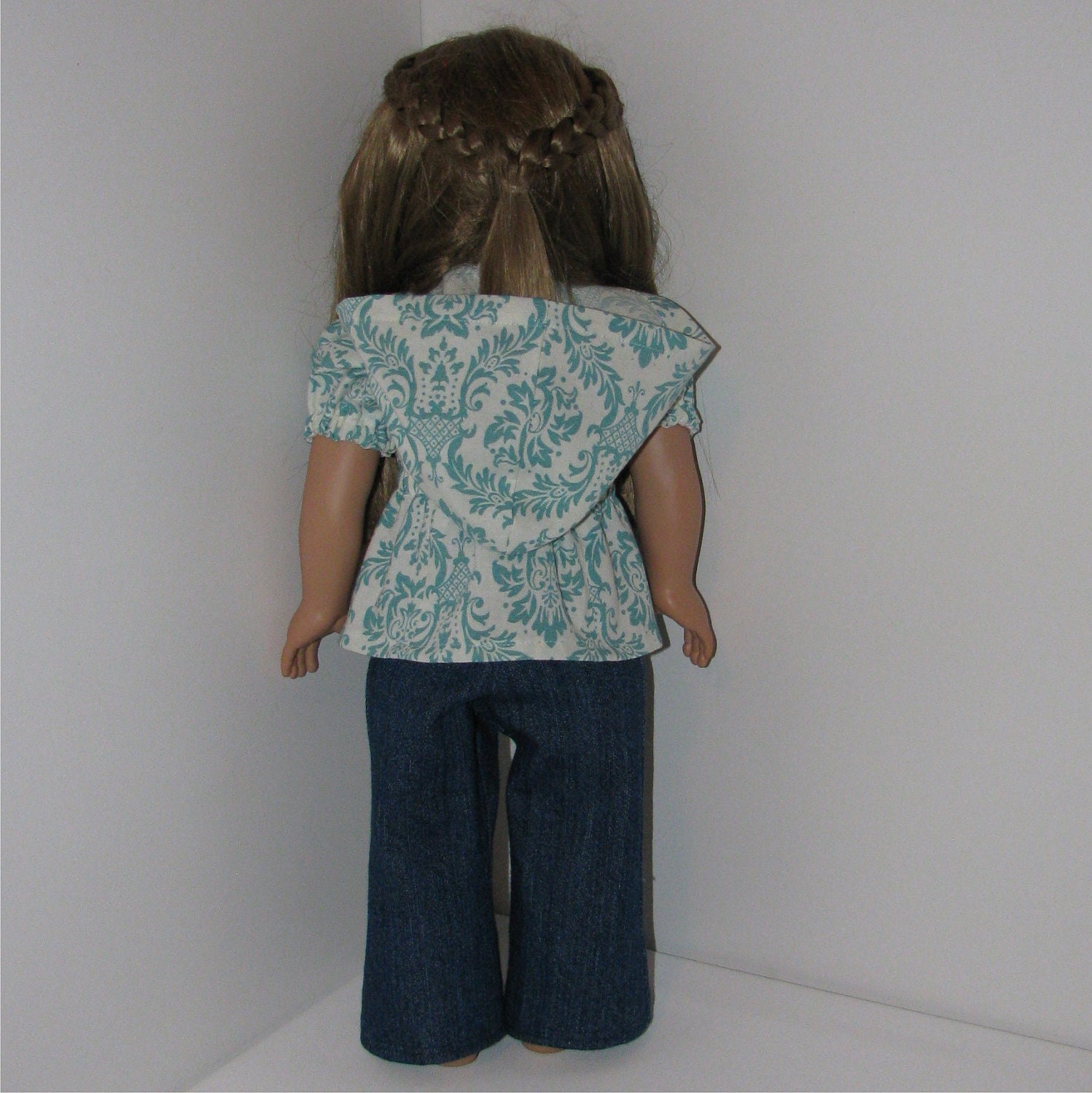 Jeans and Teal Damask Hooded Blouse, Fits American Girl and 18 Inch Dolls