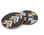Leather and Cork Hand Stamped Coasters. Tribal Arrow Pattern in Mint and Gold.  Mug Coaster. Home Decor. Geometric.