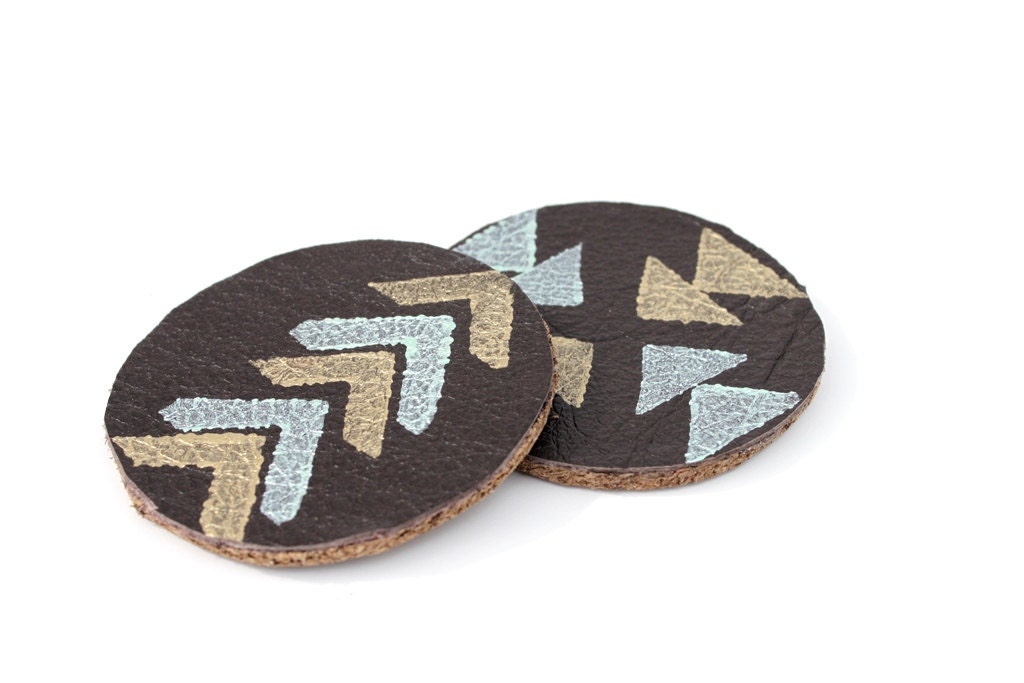 Leather and Cork Hand Stamped Coasters. Tribal Arrow Pattern in Mint and Gold.  Mug Coaster. Home Decor. Geometric.
