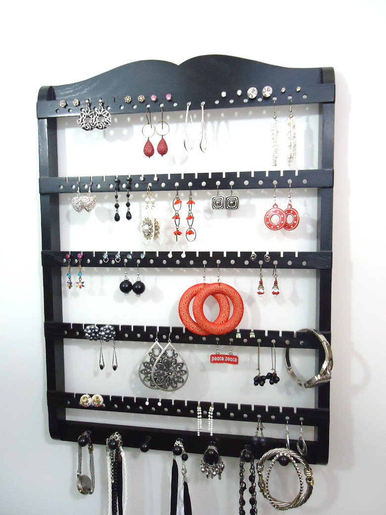 Jewelry Holder, Holds 90-180 Pairs of Earrings, Has 7 Necklace Jewelry Organizer Pegs, Ebony (Black), Oak, Wood, Hanging, Ready To Ship