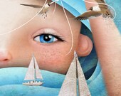 Ocean Waves Girl Art Print 5x7 "Swell" Small Premium Hahnemuhle Giclee Fine Art Print Blue and White Fantasy Artwork Birds and Boats