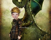 Art Print - "Evan"  - 8x10 or 8.5x11 Medium A4 sized illustration - Fantasy Art - Little Boy and his Pet Dragon